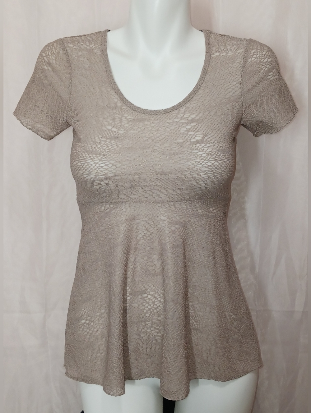 "BKE"⁶ Sophisticated Sheer, Taupe Lace Short Sleeve Tunic - Size XS
